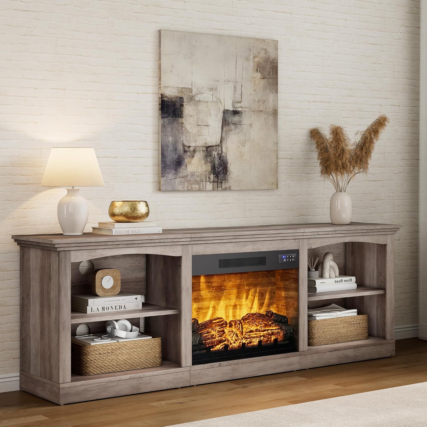 AMERLIFE 70" Farmhouse Fireplace TV Stand for TVs up to 80", Entertainment Center with 23" Fireplace, Open Shelves, One-Box Delivery, Media Console Table for Living Room, Rustic Grey