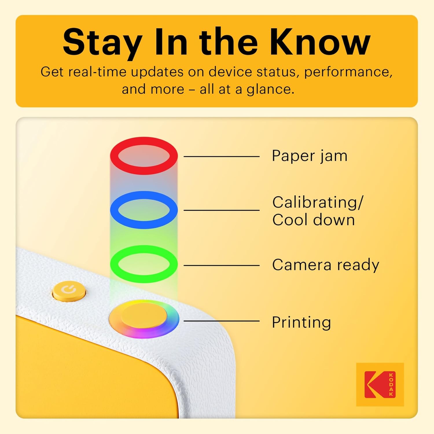 Kodak Printomatic+ Instant Print Digital Camera Starter Bundle + Carrying Case (Blue) + Zink 20pk Sticky-Back Photo Paper - 10MP, Full-Color Photos, GB LED Status Indicator - Yellow
