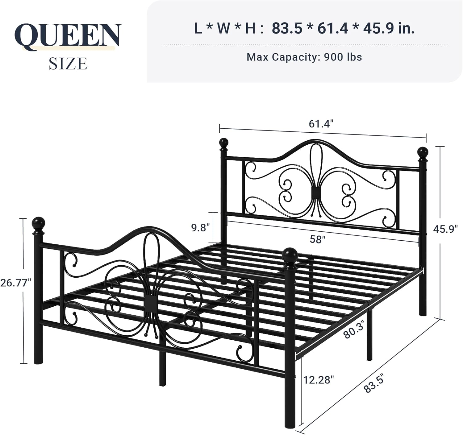 Allewie Queen Size Bed Frame with Headboard,Metal Bed Frame with Butterfly Pattern Design Headboard & Footboard,No Box Spring Needed,Easy Assembly,Black