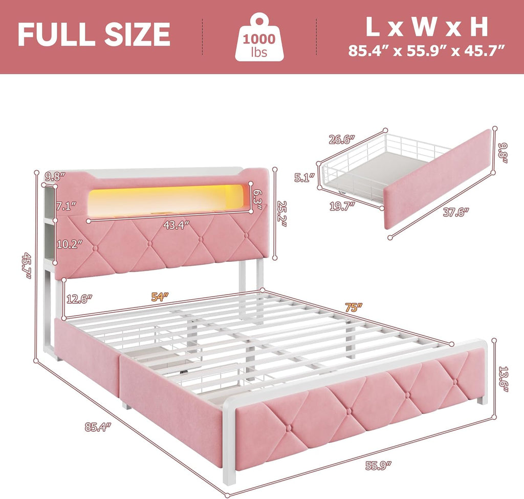 Full Upholstered LED Bed Frame with 2 Storage Drawers and 2-Tier Storage Headboard, Velvet Princess Platform Bed with Charging Station & Bookcase, Heavy Duty Metal Support, No Box Spring Needed, Pink