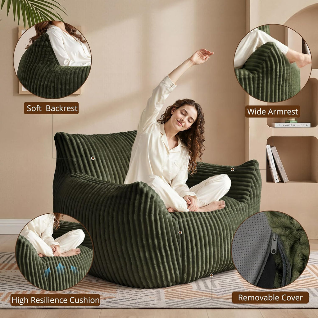 Bean Bag Chair with Armrests, Comfy Corduroy Beanbag Sofa for Adults, Stuffed Floor Accent Chair for Living Room, Bedroom, Green, Single