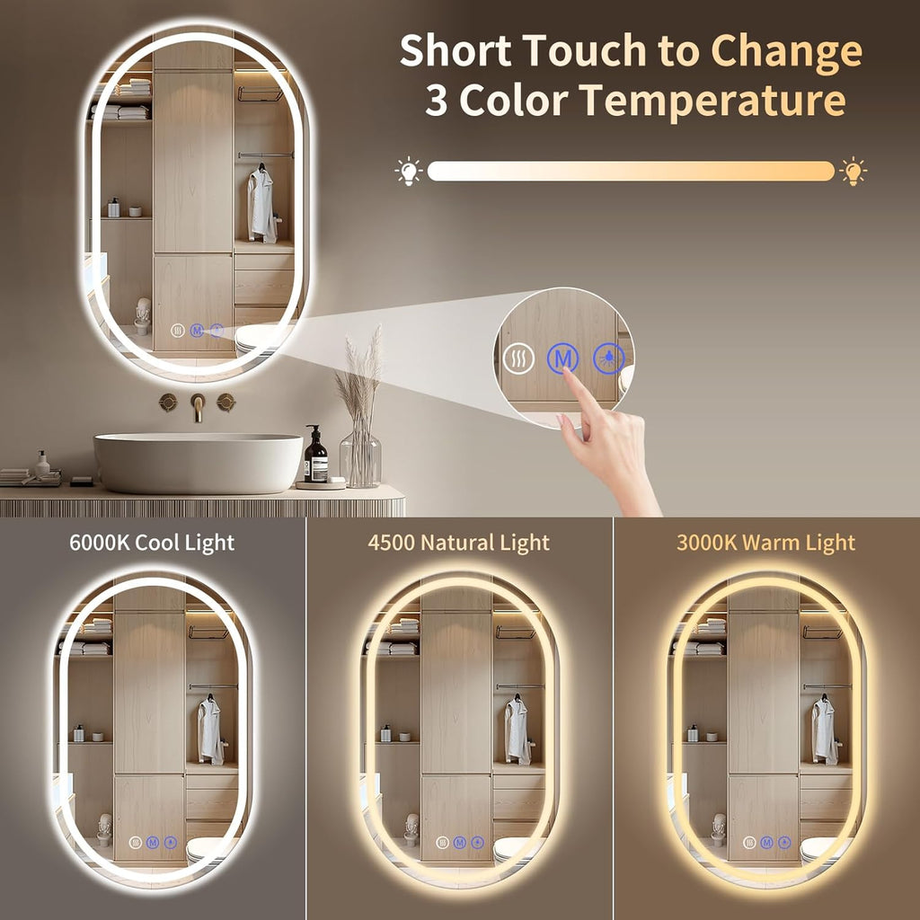 Oval LED Bathroom Mirror, 24"x 40" Frameless LED Mirror with Front Light and Backlit, Anti-Fog, Dimmable Modern Wall Mounted Lighted Mirror, Pill-Shaped Smart Mirror Bathroom