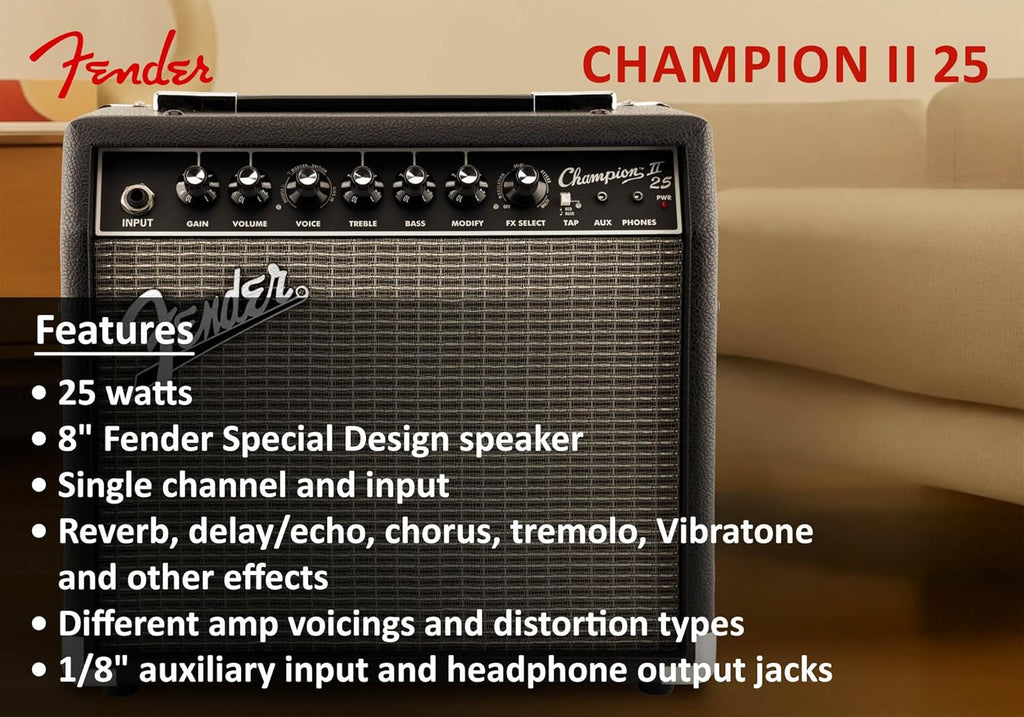 Fender Champion II 25-Watt Guitar Combo Amplifier Bundle with Instrument Cable, Picks, and Austin Bazaar Instructional Video