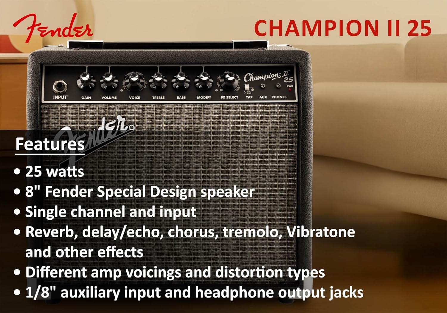 Fender Champion II 25-Watt Guitar Combo Amplifier Bundle with Instrument Cable, Picks, and Austin Bazaar Instructional Video