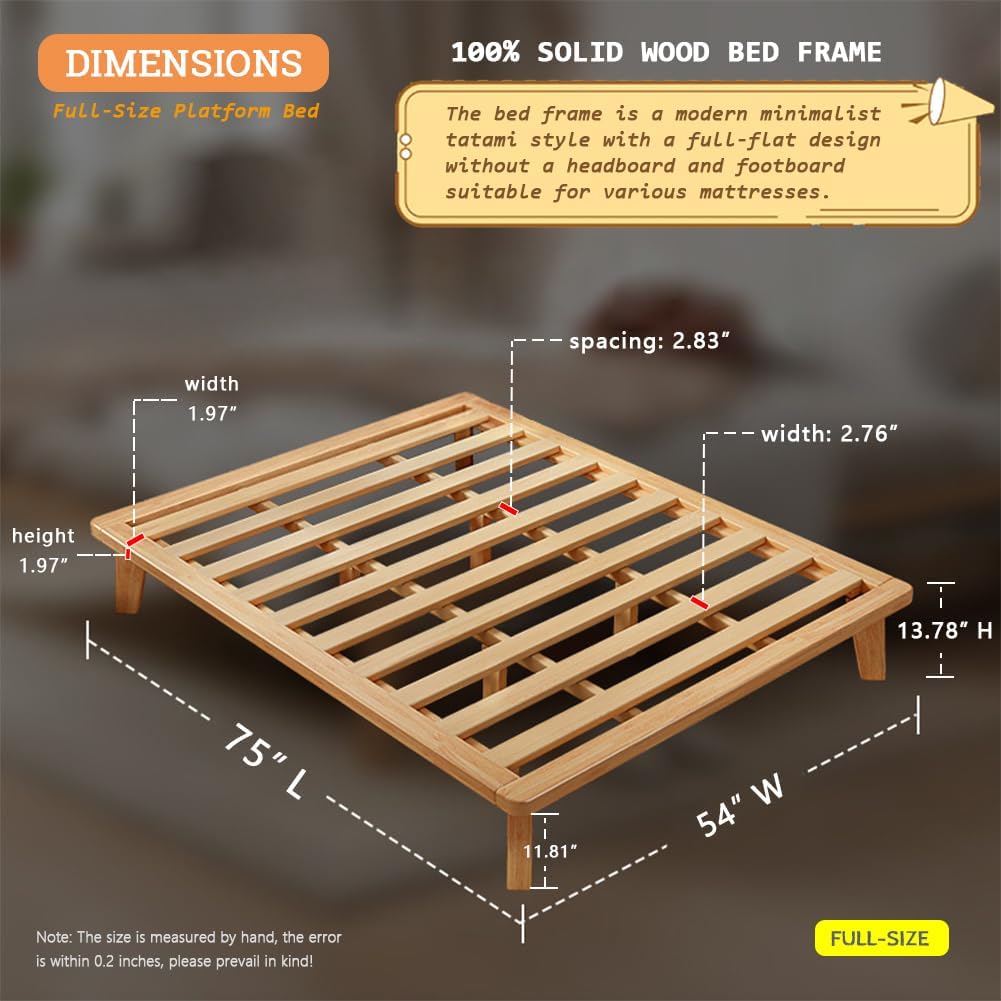NELYE Full Platform Bed Base - 14 Inch Solid Wood Mattress Foundation with Support Slats and Legs, Full-Size Rubberwood Simple Bed Frame
