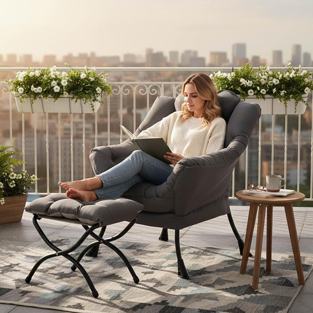 Tiita Modern Large Accent Chair with Ottoman, Comfy Leisure Sofa Armchair with Footrest, Reading Chair for Bedroom, Living Room, Dorm Rooms, Garden Dark Grey
