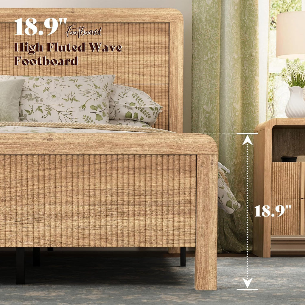 AMERLIFE 4-Piece Modern Fluted Bedroom Furniture Set, Including Wood Queen Size Bed Frame with Headboard & Footboard, 5 Drawer Tall Dresser, Storage Night Stand Set of 2, Natural Oak