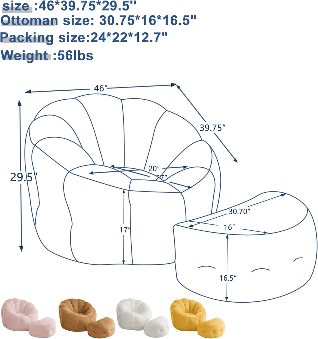 Mofolit 46" Oversized Flower Bean Bag Chair with Ottoman for Adults,Large Cozy Beanbag Chair with Artificial Rabbit Fur Fabric,Boneless Sofa for Living Room,Reading Room and Apartment. (Pink)