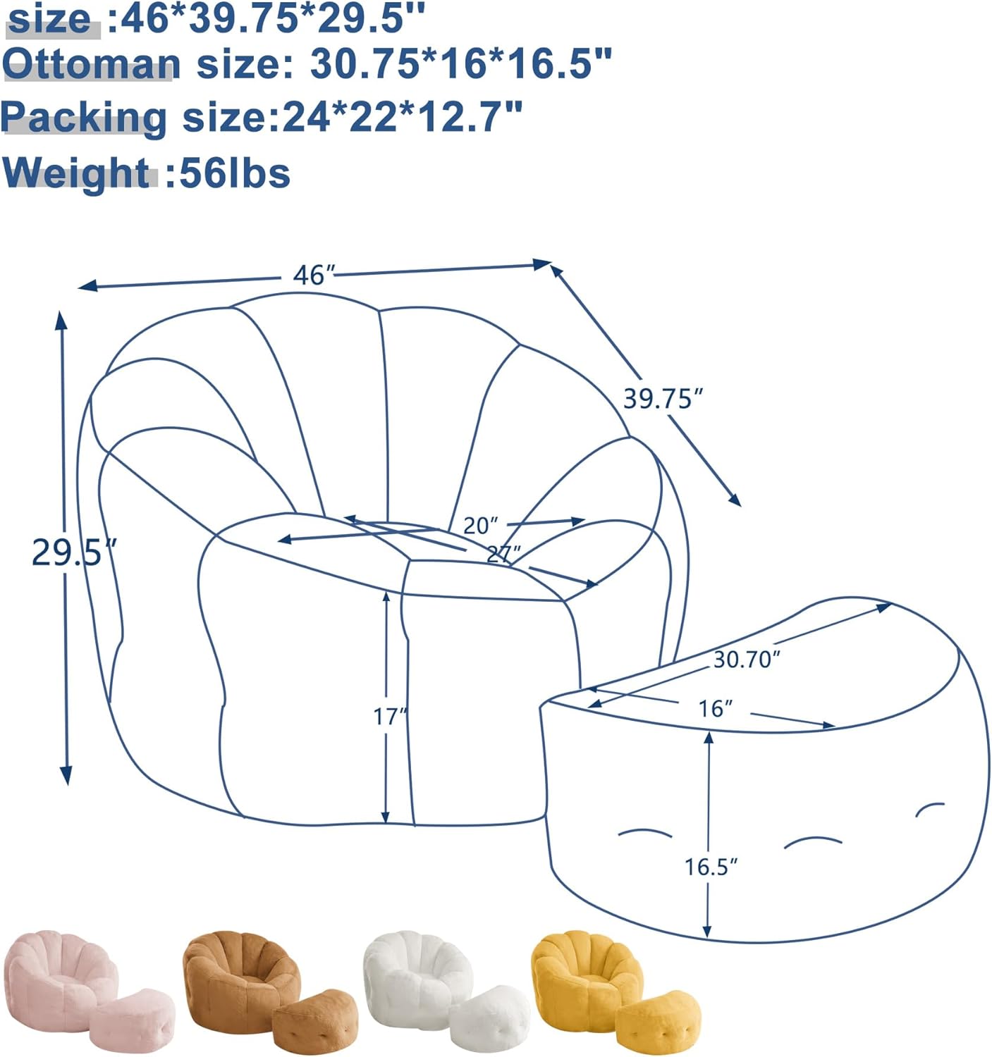 Mofolit 46" Oversized Flower Bean Bag Chair with Ottoman for Adults,Large Cozy Beanbag Chair with Artificial Rabbit Fur Fabric,Boneless Sofa for Living Room,Reading Room and Apartment. (Pink)