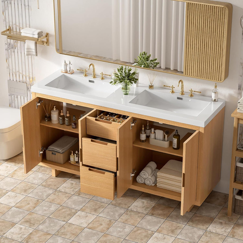 59.3-Inch Bathroom Vanity with SMC Resin Top, 4 Doors & 3 Drawers, Handle-Free, Soft-Close Hinges, Wood, MDF