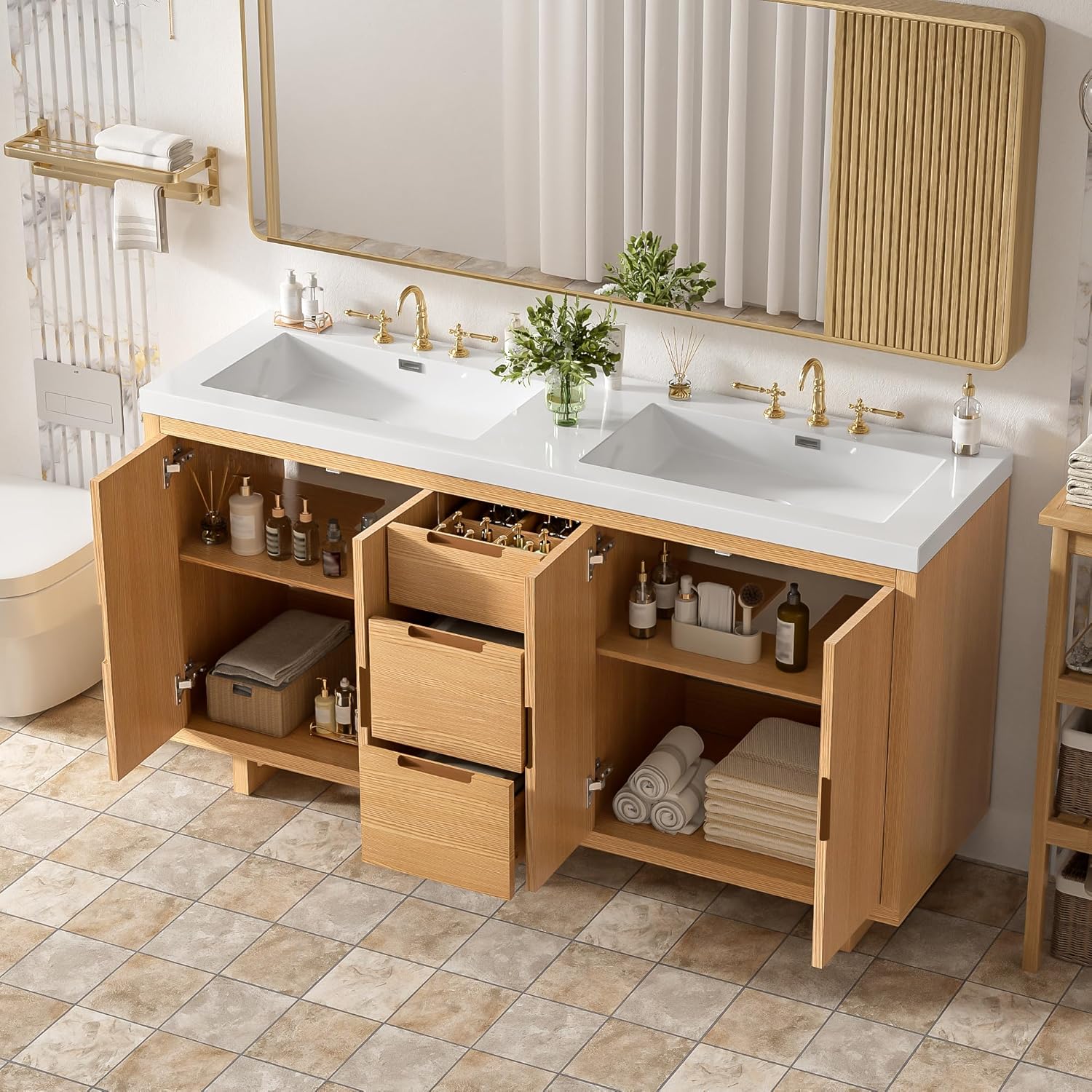 59.3-Inch Bathroom Vanity with SMC Resin Top, 4 Doors & 3 Drawers, Handle-Free, Soft-Close Hinges, Wood, MDF