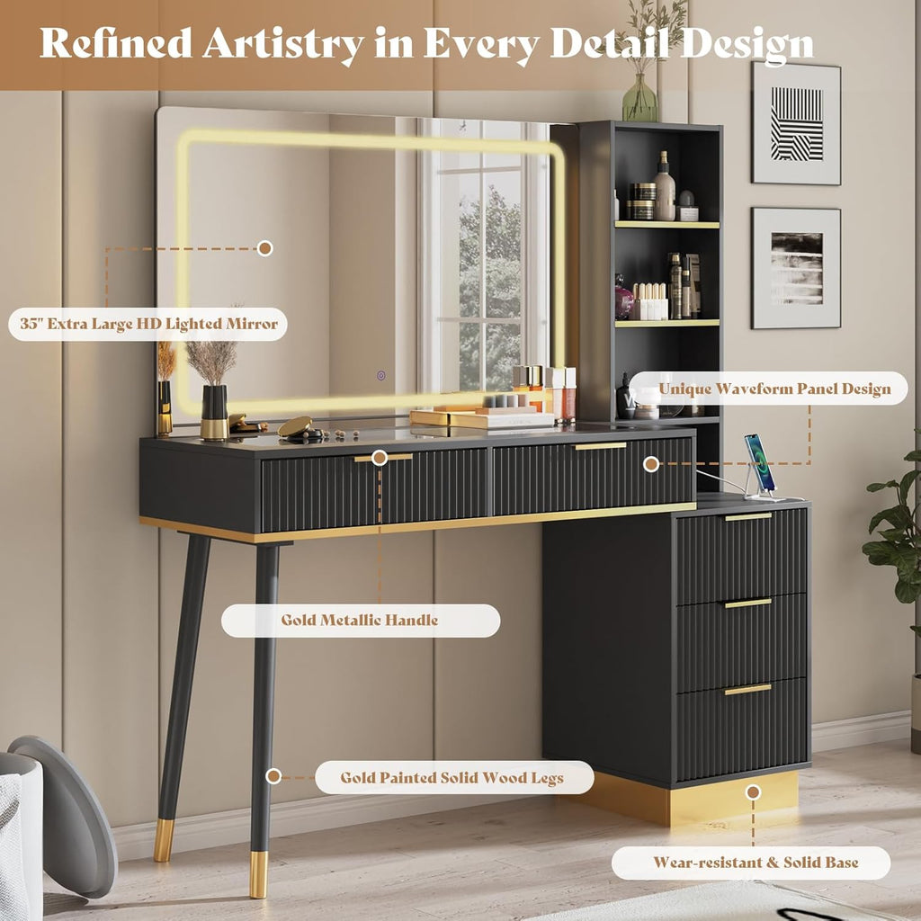 AMERLIFE 48" Fluted Vanity Desk with Mirror and Adjustable LED Lights, Large 5 Drawers Makeup Table with Glass Top and Charging Station for Women and Girls, Bedroom or Dorm, Black