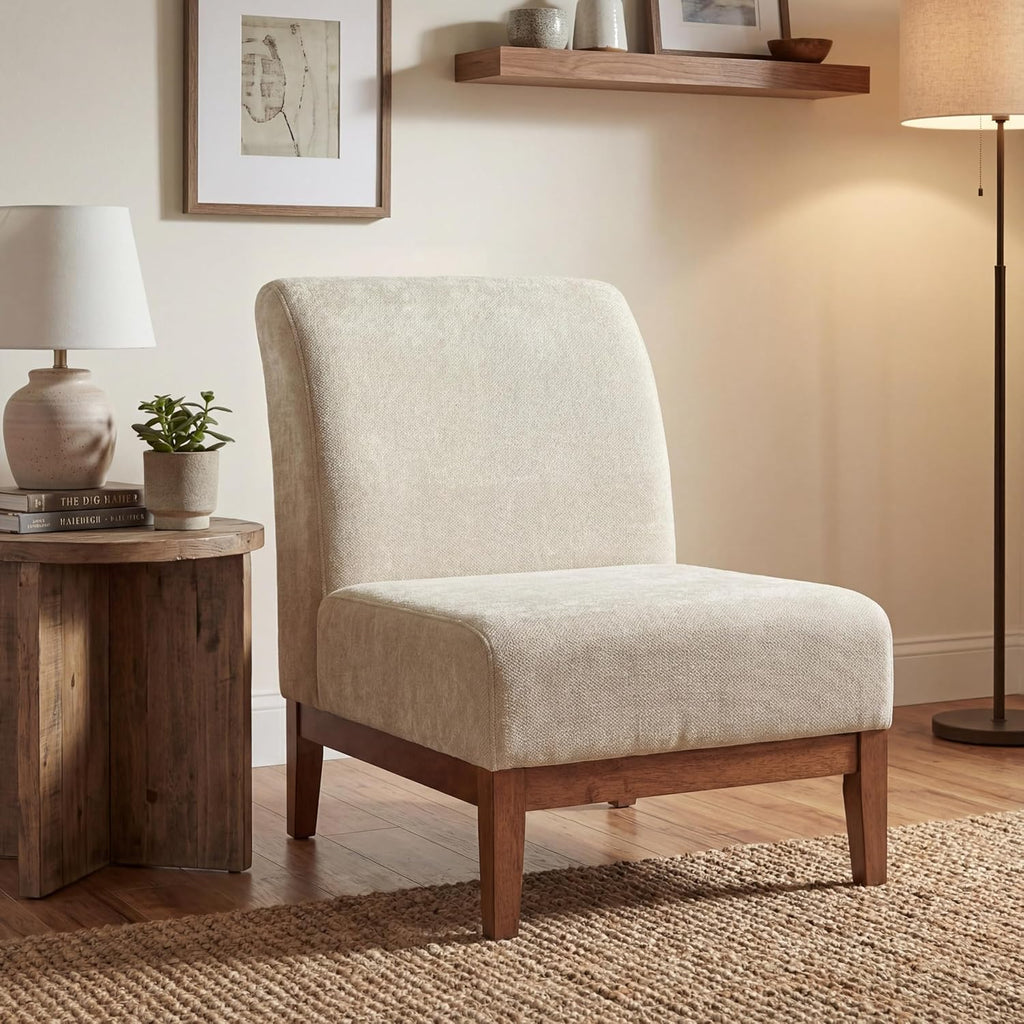 Christopher Knight Home Lynnex Modern Accent Chair for Living Room, Fabric Upholstered Single Lounge Sofa Chair with Wooden Frame, Comfy Reading Chair for Bedroom, Lounge Armless Chair, Beige+Walnut
