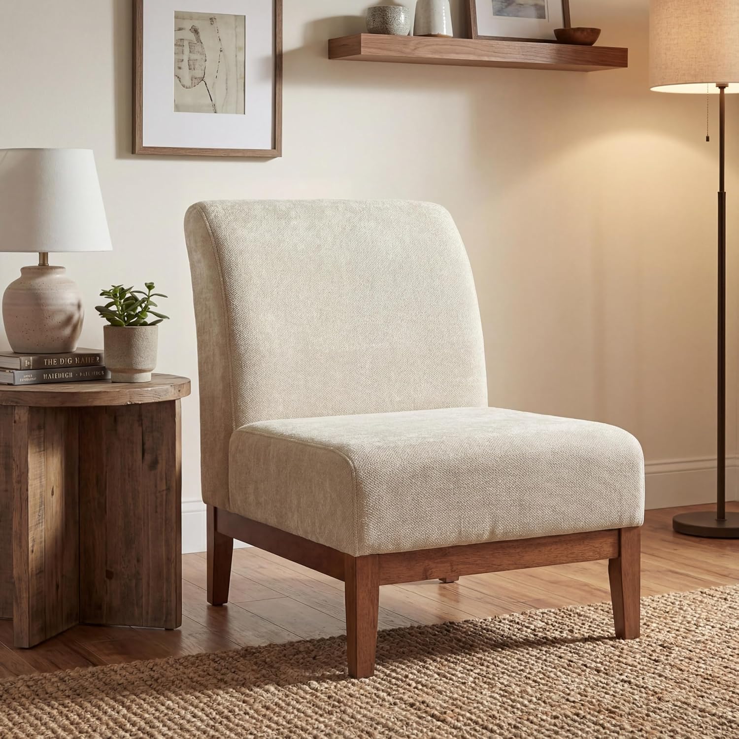 Christopher Knight Home Lynnex Modern Accent Chair for Living Room, Fabric Upholstered Single Lounge Sofa Chair with Wooden Frame, Comfy Reading Chair for Bedroom, Lounge Armless Chair, Beige+Walnut