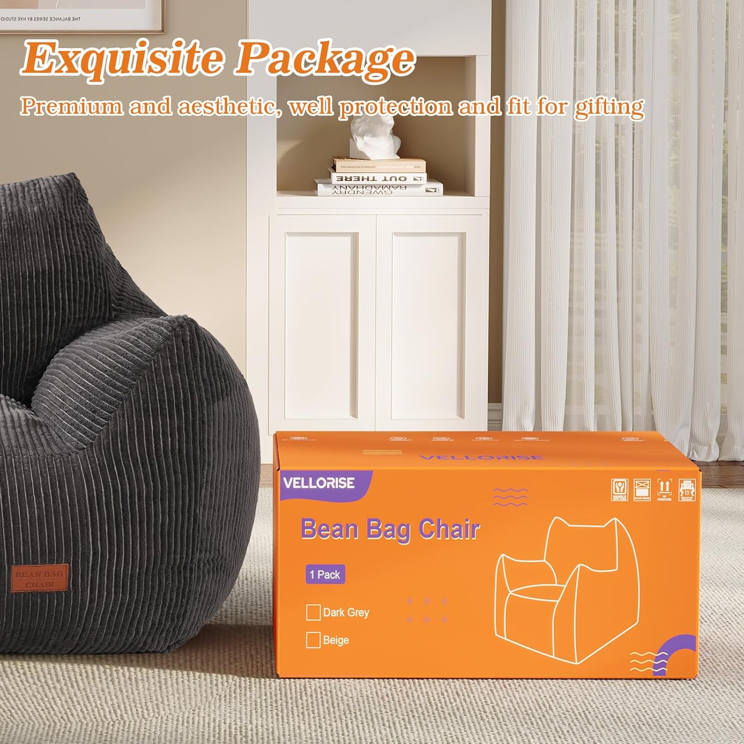 Big Bean Bag Chair for Adults, Ultra Soft Living Room Bean Bag with Armrests, Stuffed BeanBag Chair for Napping, Gaming, Vacuum-Compressed for Easy Gifting, 48 Hours to Fluffs Up, Dark Gray