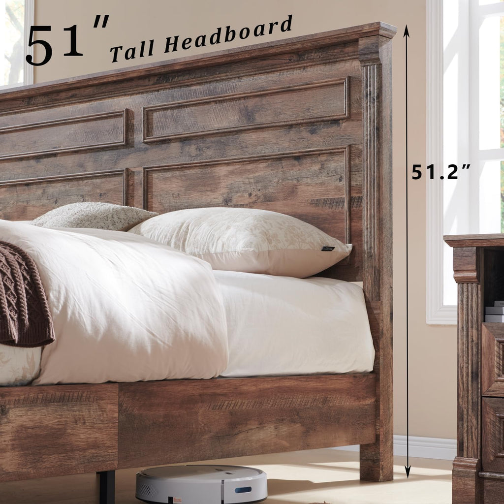 Aitjunz Farmhouse King Size Bed Frame with 51" Tall Headboard, Wood Platform Bed Frame with 20" Tall Roman Column Decoration Footboard & 3 Large Storage Drawers, No Box Spring Needed (Light Brown)