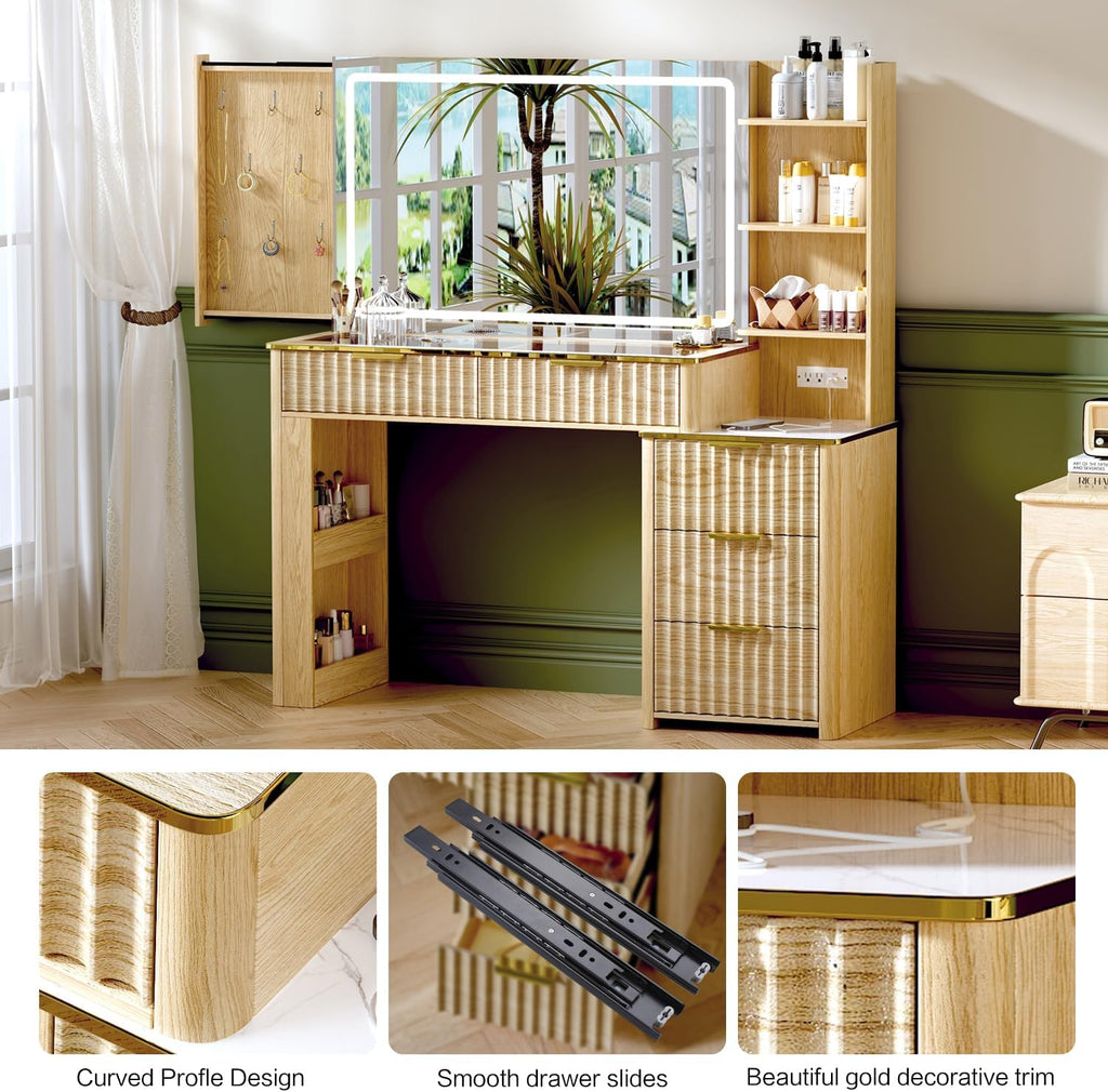 51" Vanity Desk with Power Outlet, Makeup Vanity with Mirror and Lights, 3 Lighting Modes, Vanity Table with Glass Top, 5 Drawers, and Jewelry Storage,Oak