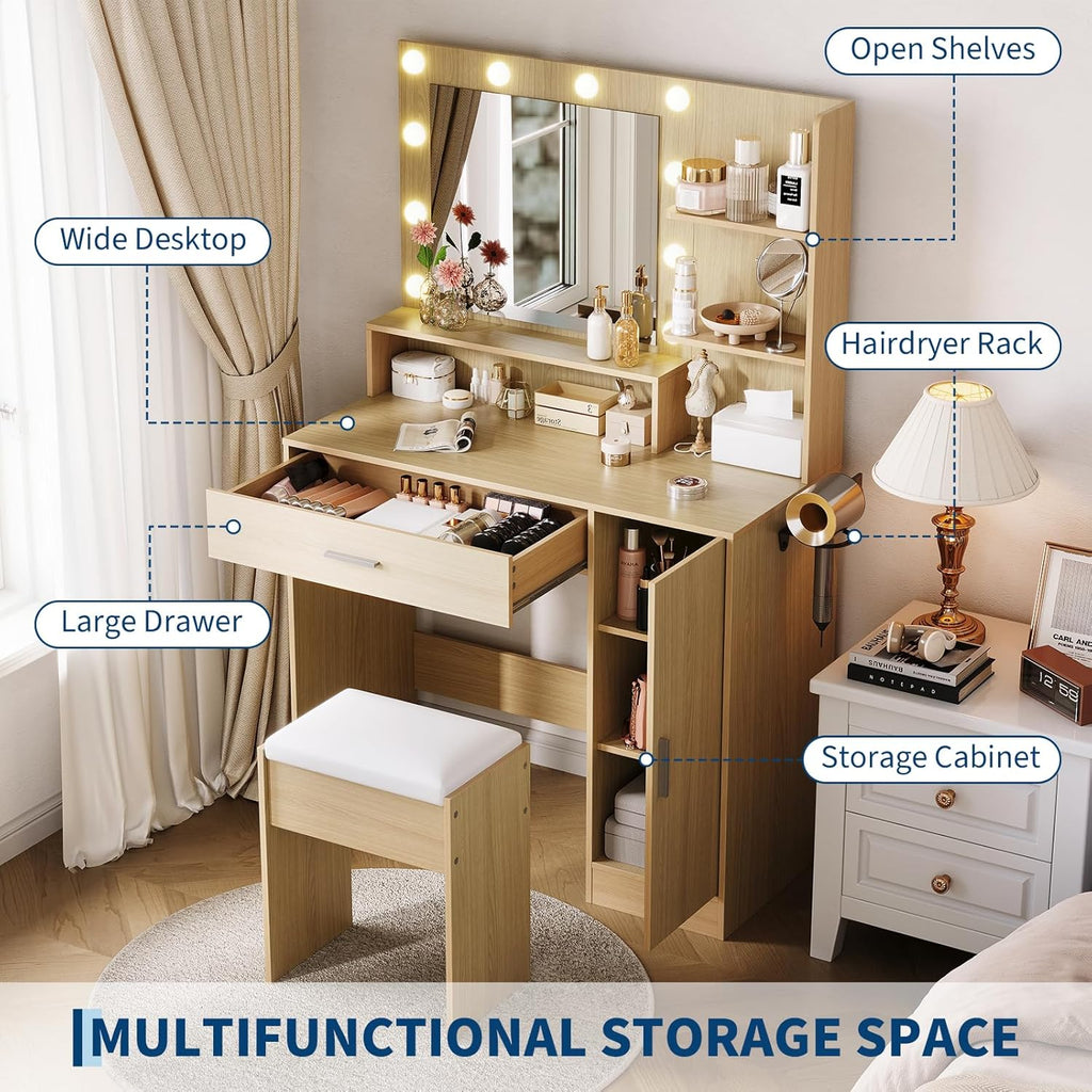Garvee Vanity Desk with Mirror and Light, Makeup Dressing Table with Large Drawers and 3-Level Storage Dresser, 3 Lighting Modes Adjustable Brightness, Modern Vanity Set for Bedroom, Natural