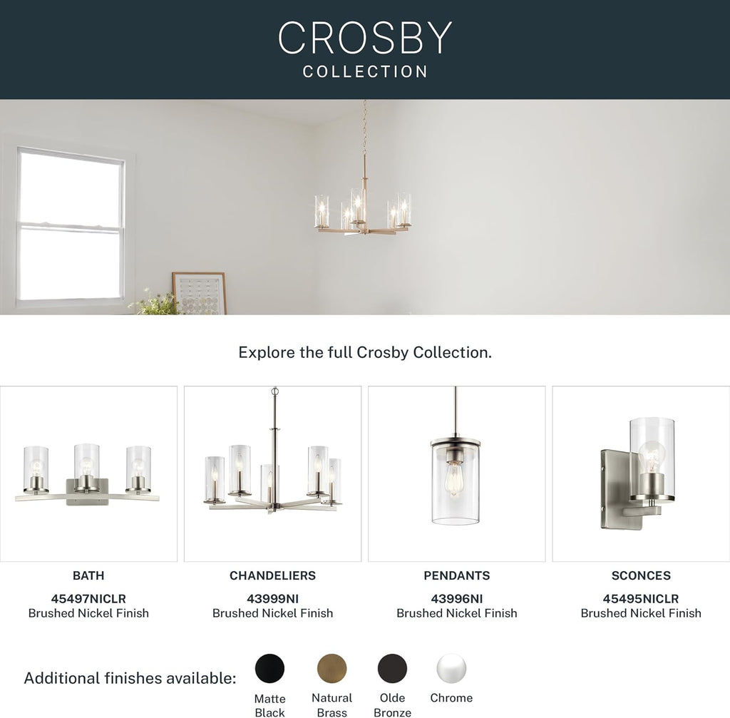 Kichler Crosby 23" Vanity Light in Brushed Nickel, 3-Light Contemporary Bathroom Light with Satin Etched Cased Opal Glass, (23" L x 8.75" H), 45497NI
