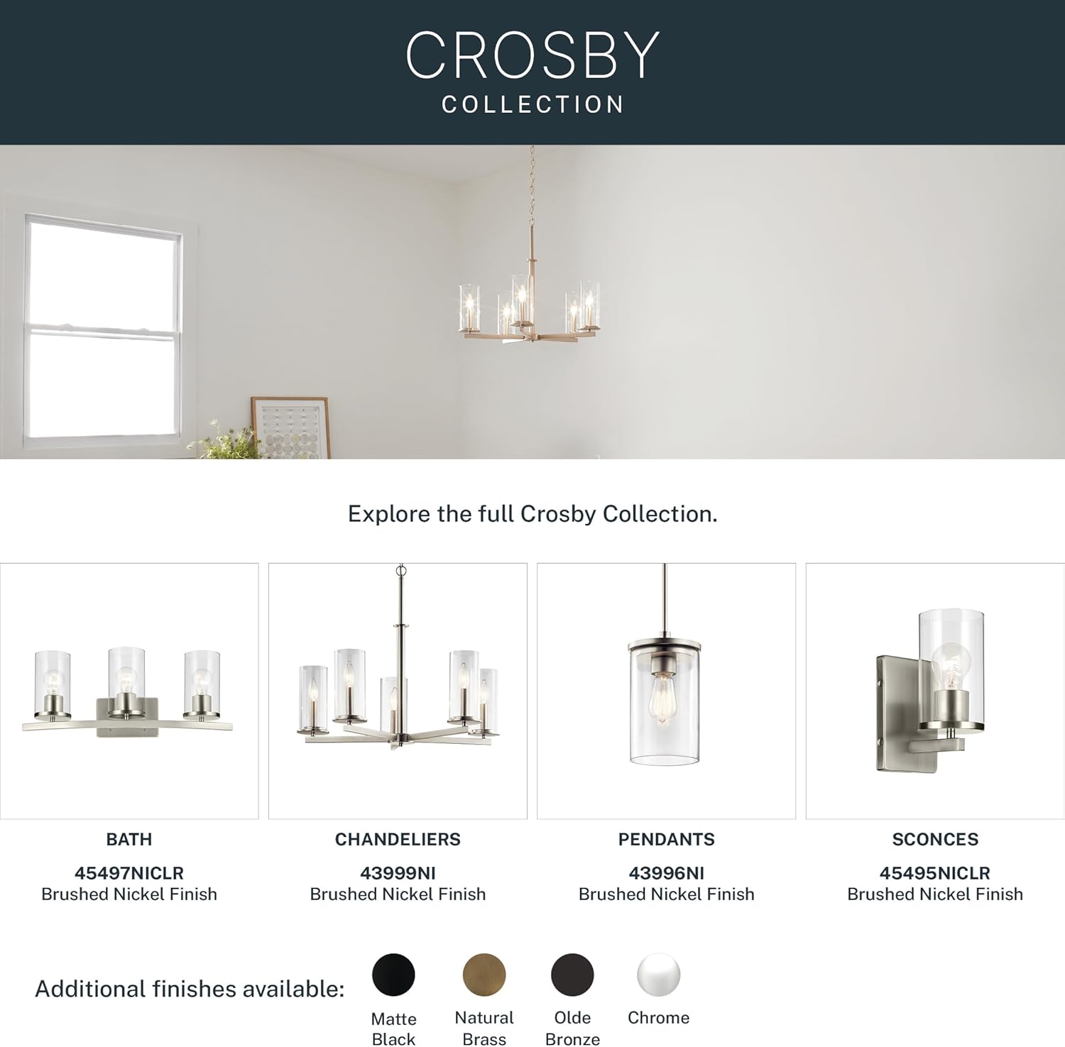 Kichler Crosby 23" Vanity Light in Brushed Nickel, 3-Light Contemporary Bathroom Light with Satin Etched Cased Opal Glass, (23" L x 8.75" H), 45497NI