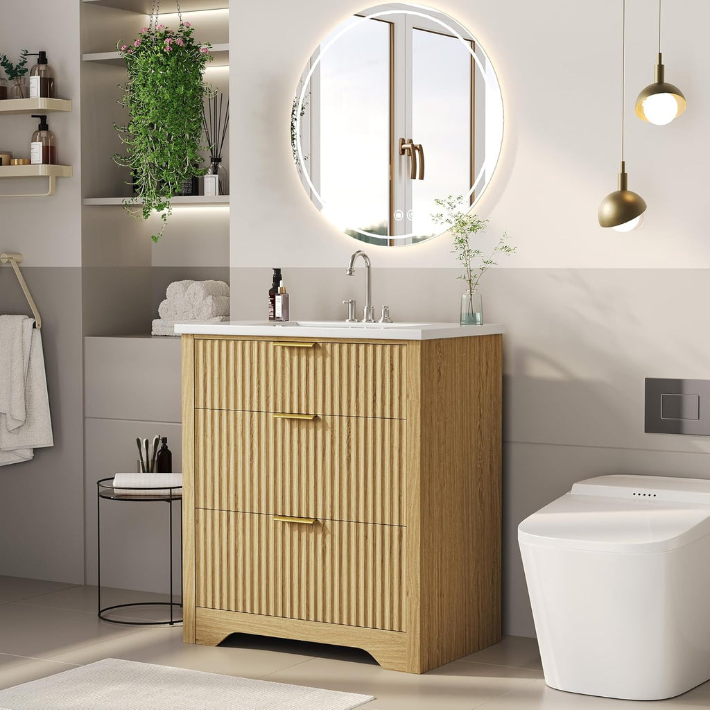 GarveeHome 30 Inch Bathroom Vanity with Sink, Fluted Freestanding Vanity Cabinet with 2 Drawers and 1 Flip-Down Drawer, Ceramic Basin Vanity Combo Set for Small Bathroom, Natural Oak