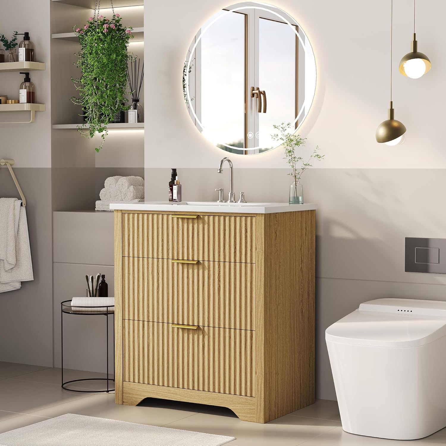GarveeHome 30 Inch Bathroom Vanity with Sink, Fluted Freestanding Vanity Cabinet with 2 Drawers and 1 Flip-Down Drawer, Ceramic Basin Vanity Combo Set for Small Bathroom, Natural Oak