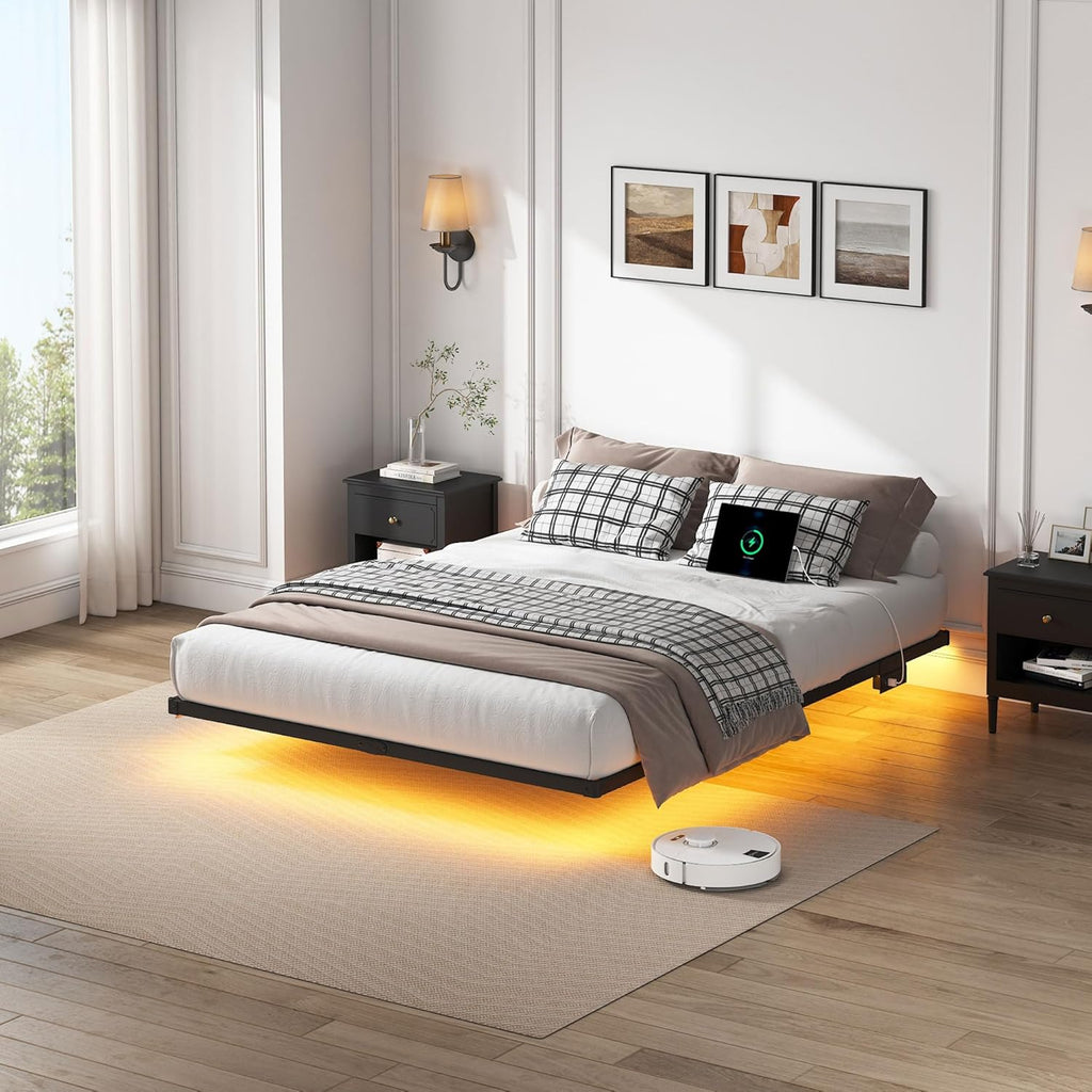 YORMDMO Floating Bed Frame Queen Size, Heavy Duty Bedframe with Smart LED Lights & Charging Station, Modern Metal Platform Bed, Easy Assembly No Box Spring Needed, 8 Inch
