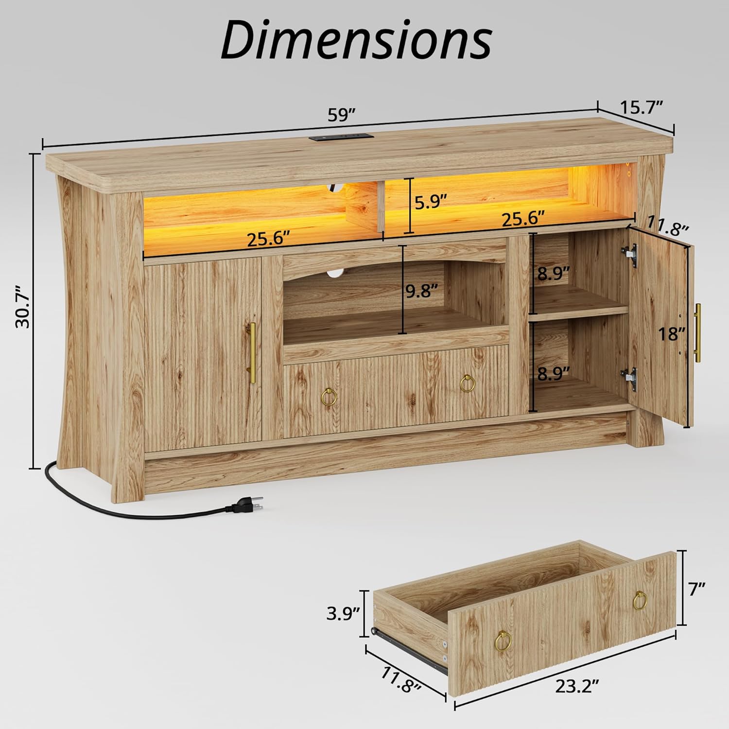 LIKIMIO TV Stand for 65 inch TVs, Entertainment Center with Power Outlet and Led Lights, TV Console with Storage Cabinets and Drawer, TV Stands for Living Room