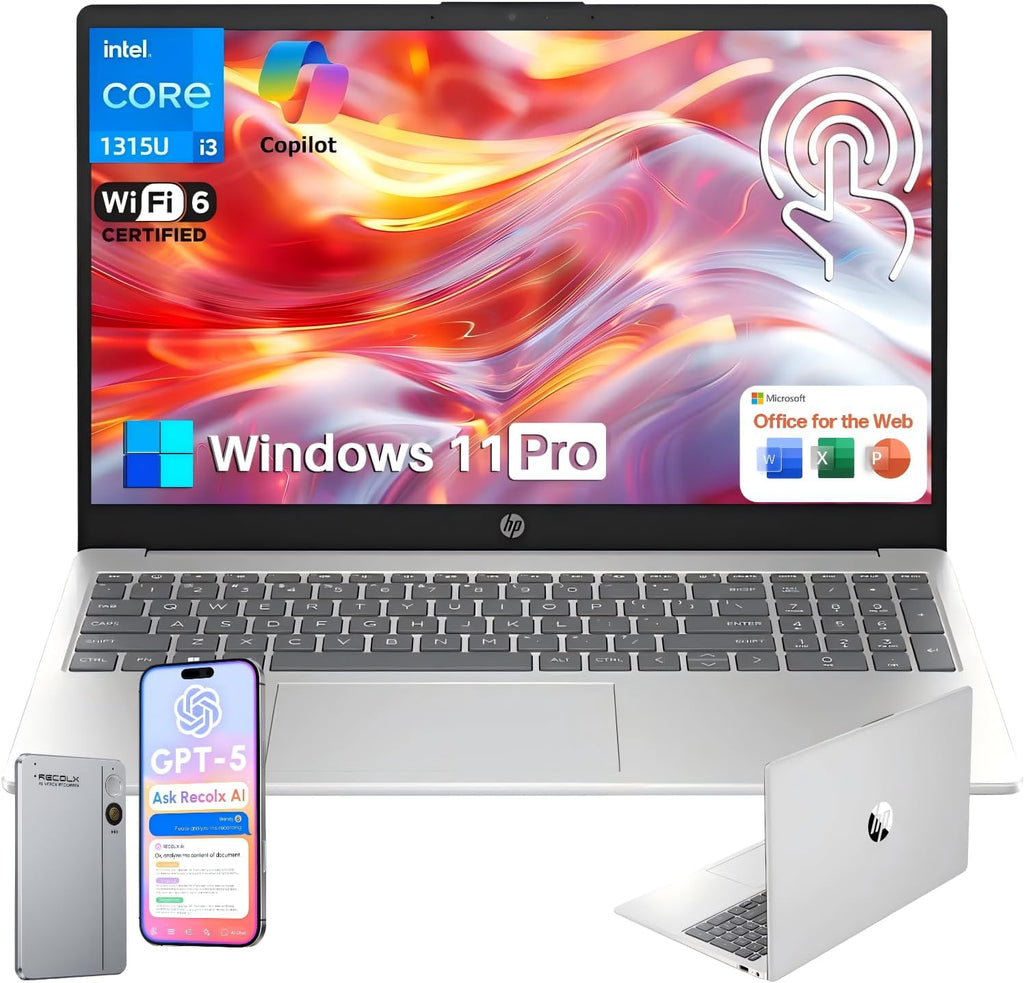 HP 15.6 Touchscreen Laptop for Student & Business, Intel Core i3-1315U (Up to 4.5GHz), 20GB RAM, 512GB SSD, Copilot AI, Wi-Fi 6, HD Camera, Windows 11 Pro, Natural Silver, w/RECOLX AI Voice Recorder
