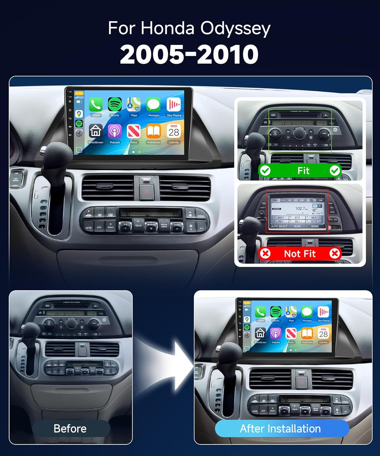 Qualcomm 8Core 4+64G Car Stereo for Honda Odyssey 2005-2010 Wireless CarPlay/Android Auto Android Radio with 10.1" IPS Touch Screen,BT5.1,DSP Hi-Res,GPS,5G WiFi,Backup Camera,Online Upgrade