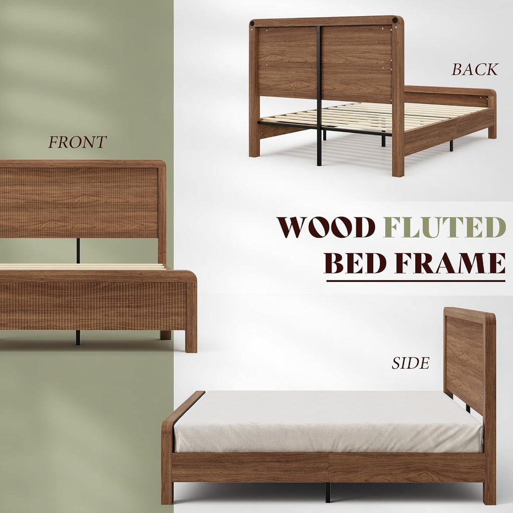 AMERLIFE Wood Queen Size Bed Frame with Headboard & Footboard, Modern Fluted Wooden Platform Bedframe with Rounded Safety Edges, Wood Slat Support, No Box Spring Needed, Easy Assembly, Walnut