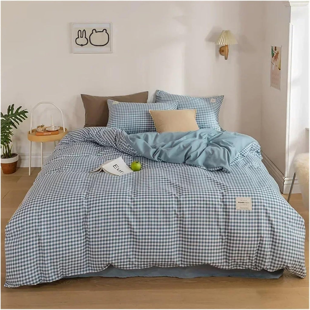 Bedding Set Grid Dyed Cotton Washed Cotton Four-Piece Set Cotton Brushed Simple Soft Bed Sheet Quilt Cover Linens,Bed
