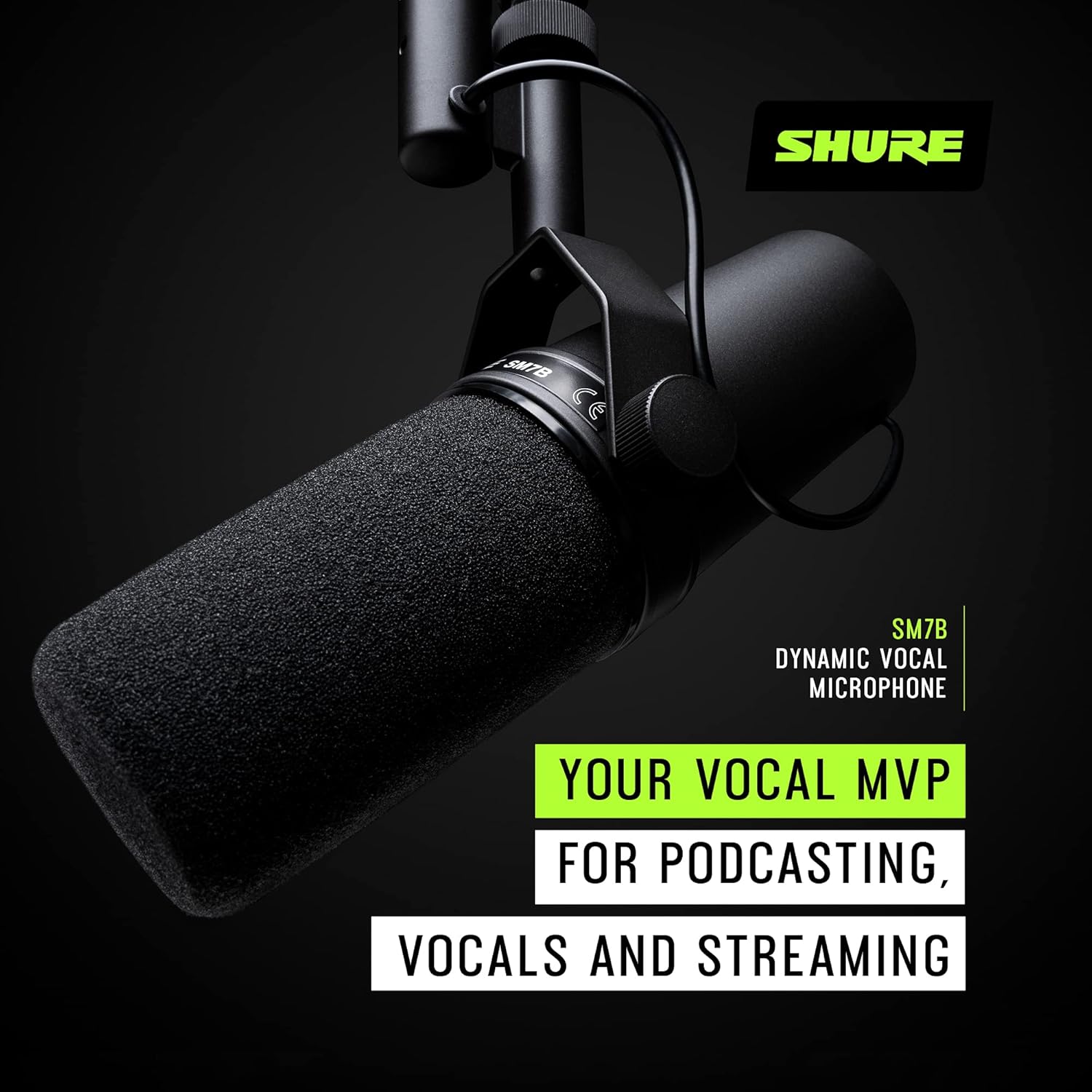Shure SM7B Dynamic Studio Microphone - XLR Mic for Podcasting, Streaming, Vocal Recording & Broadcasting, Wide Frequency Range, Smooth Warm Audio, Detachable Windscreen, Black