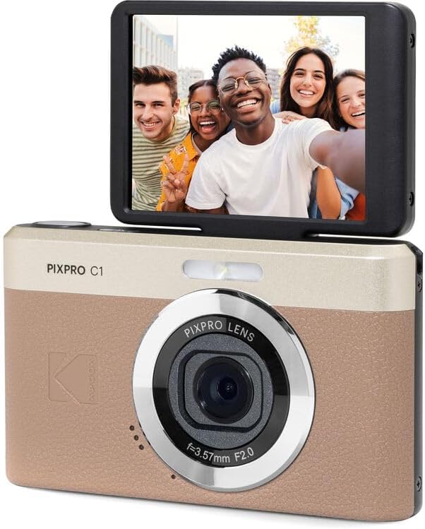 Kodak PIXPRO C1 Compact Digital Camera (Brown), 13MP Point and Shoot Camera for Selfies, Travel, Vlogging and Everyday Photos (C1-BN) + 32GB Card + Camera Bag + Cleaning Kit (7pc Bundle)