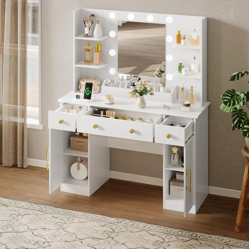 HUANLEGO Vanity Desk with Mirror and Lights, Makeup Vanity with Mirror and LED Lights & Power Outlet, 3 Drawers and Cabinets, 3 Lighting Modes Dressing Table Set for Girls Women Bedroom, White