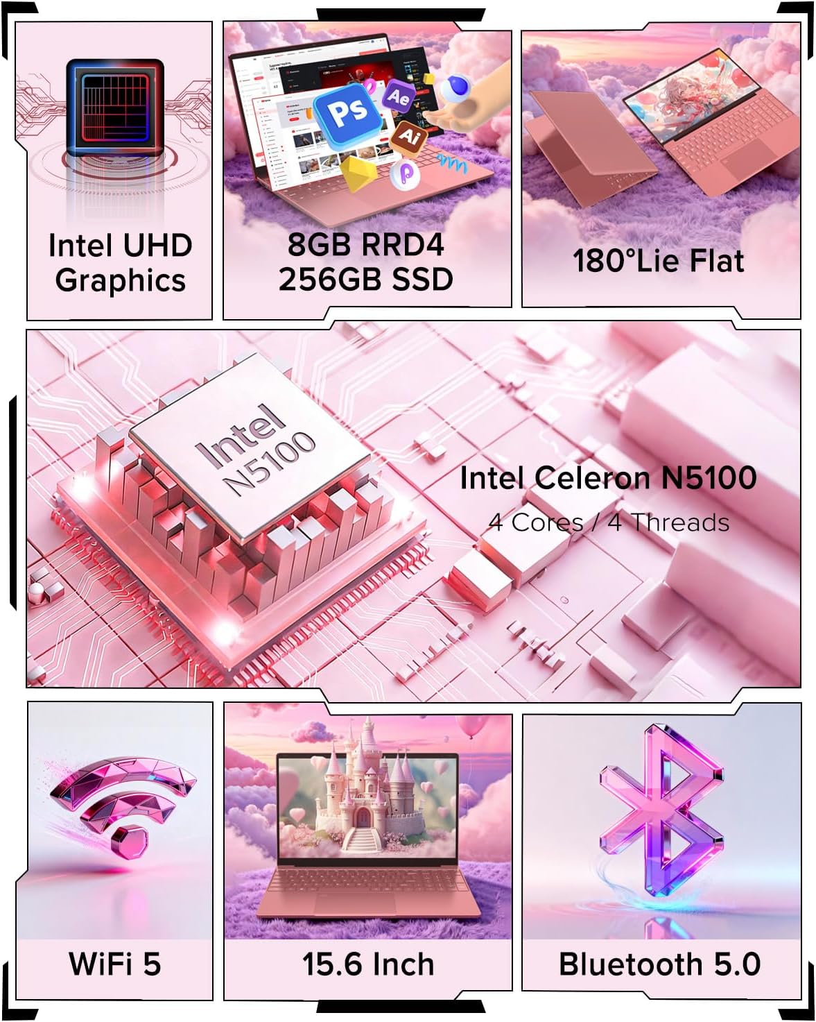 2026 Latest Laptop Computer Notebook,15.6" IPS FHD Display,8GB RAM 256GB SSD,Celeron N5100 Processor,WiFi5,BT5.0,USB3.0,Backlit keyboard,Fingerprint for Business Home Office and Students,Rose Gold