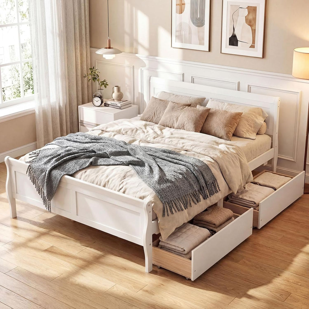 Giantex Full Bed Frame with 2 Storage Drawers, Wood Platform Bed with Headboard & Footboard, Wooden Slats Support Mattress Foundation, Sleigh Bedframe for Teens Adults, No Box Spring Needed (White)