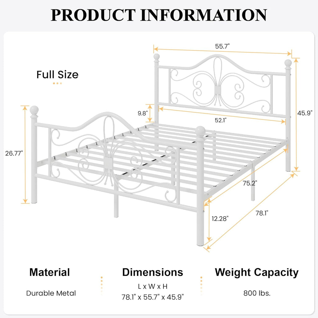 SHA CERLIN Full Size Bed Frame with Headboard,Metal Bed Frame with Butterfly Pattern Design Headboard & Footboard,No Box Spring Needed,Easy Assembly,White