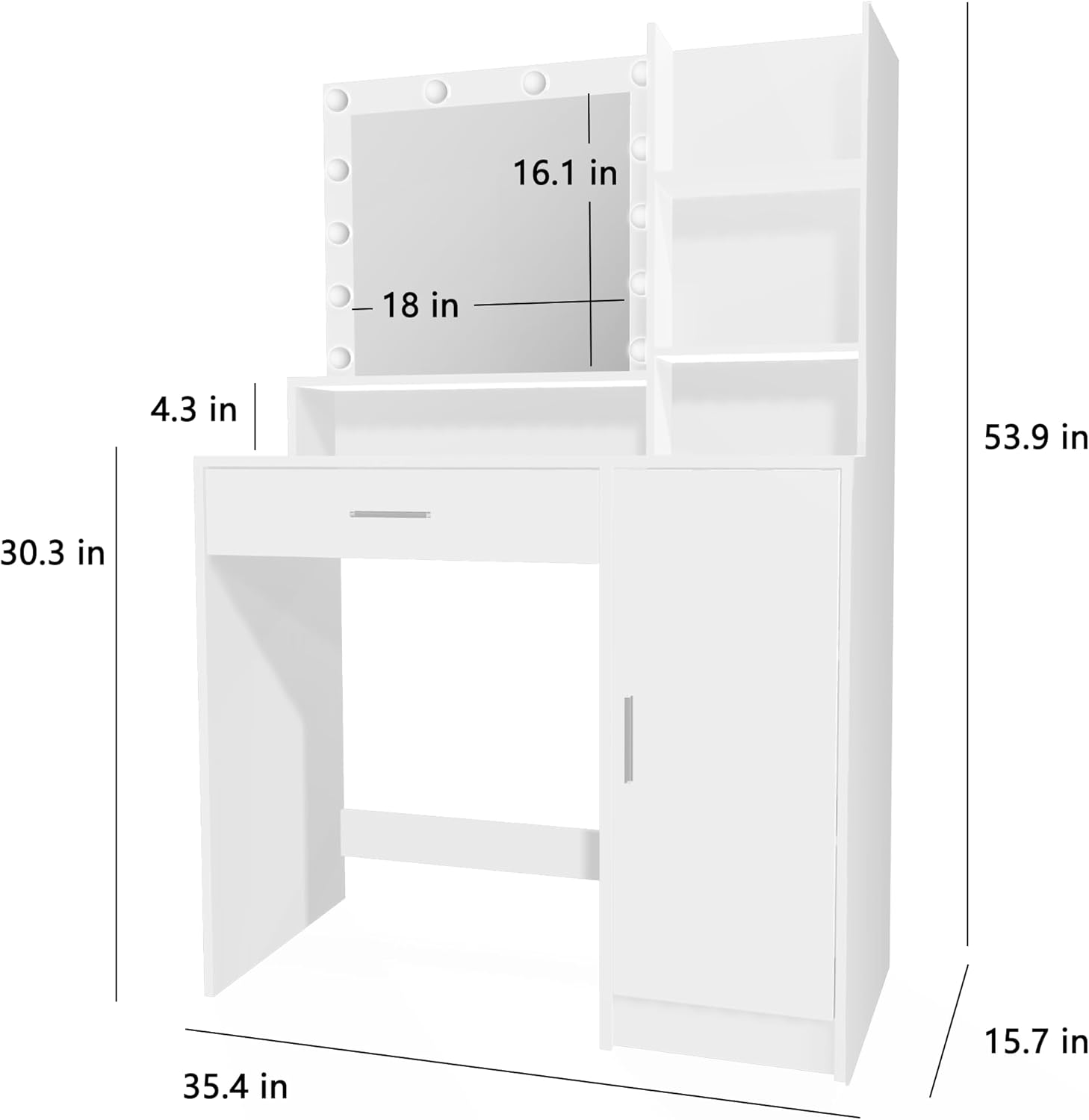 Palimder Vanity Desk with Mirror and Light, Large Drawer and Three Level Storage Dresser, 3 Lighting Modes Adjustable Brightness, Bedroom Dressing Table (White)