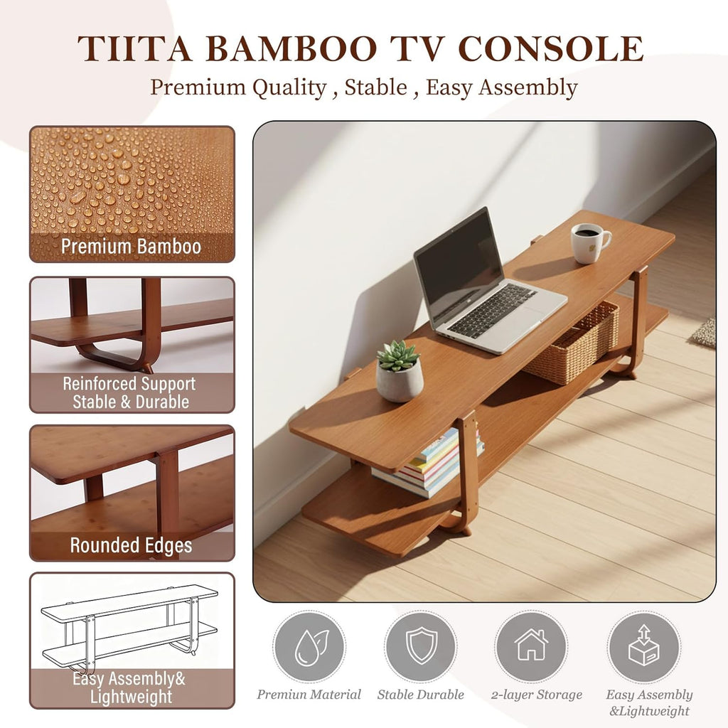 Tiita TV Stand with Storage for TVs up to 65'', Bamboo TV Console Entertainment Center with 2 Open Shelf, Mid Century Modern Media Console for Living Room, Bedroom, Walnut