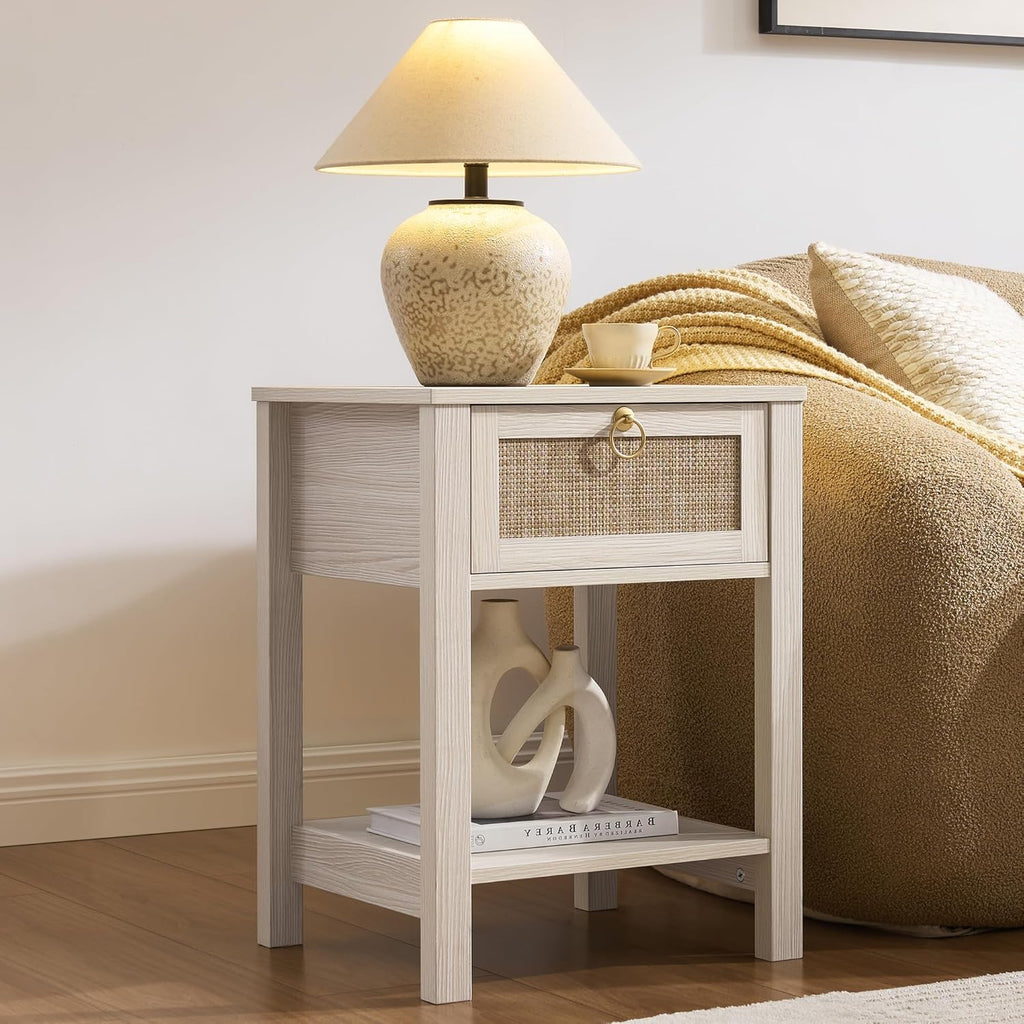 SICOTAS White Nightstand Set of 2,Rattan Decor Drawer with Brass Knobs Night Stand Bedside Table Boho End Tables Side Tables with Storage Shelf for Bedroom,Small Space