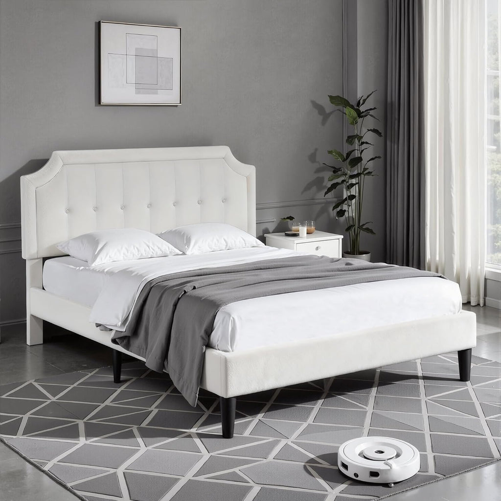 VECELO Queen Size Bed Frame with Velvet Upholstered Headboard, Platform Bedframe Mattress Foundation, Sturdy Wooden Slats Support,No Box Spring Needed Noise Free/Easy Assembly, Off White