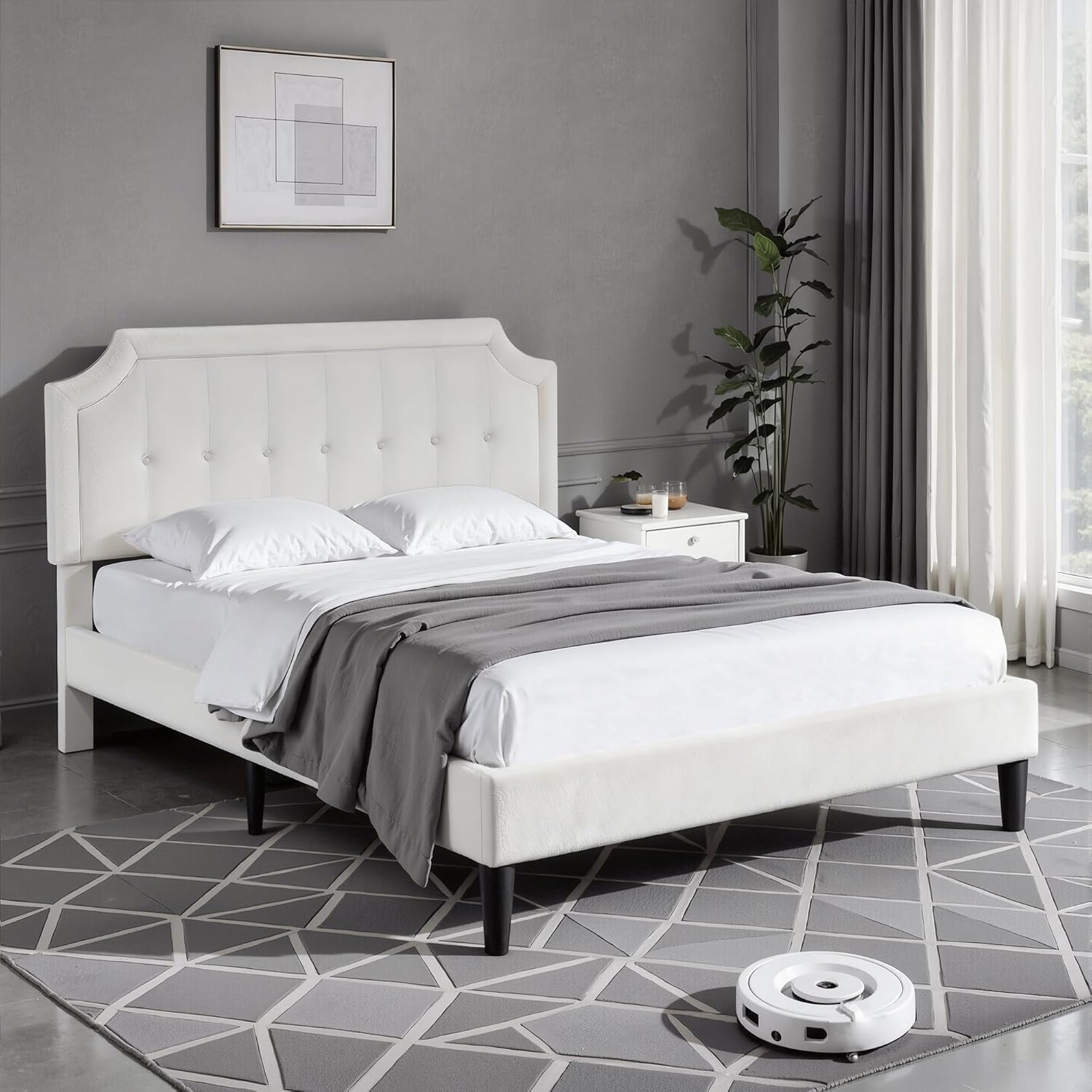 VECELO Queen Size Bed Frame with Velvet Upholstered Headboard, Platform Bedframe Mattress Foundation, Sturdy Wooden Slats Support,No Box Spring Needed Noise Free/Easy Assembly, Off White