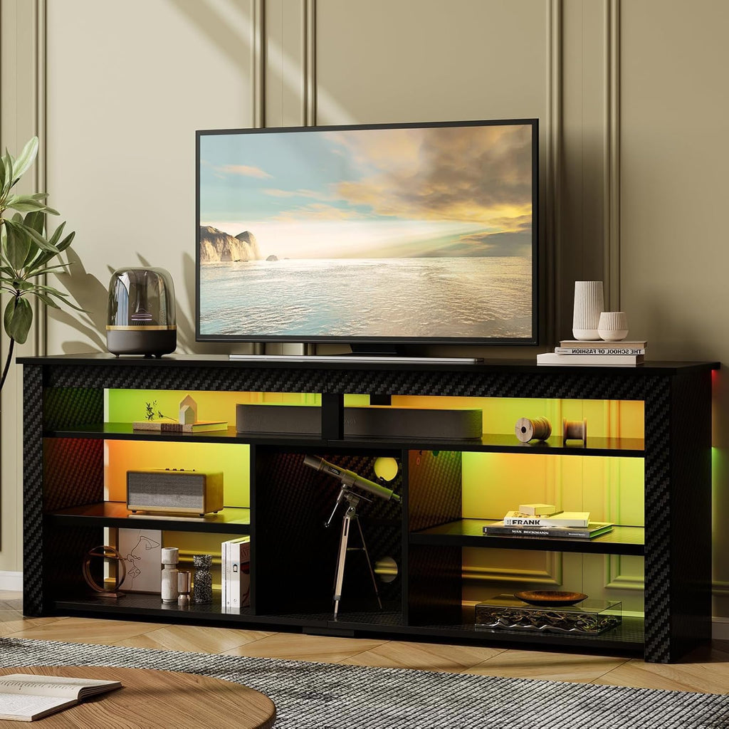 Bestier TV Stand for 70 inch TV, Tall Entertainment Center with 2 Led Lights, Gaming TV Console with Storage for PS5, Modern TV Cabinet for Bedroom, Living Room, Black Carbon Fiber