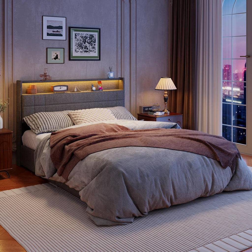 Forestell Queen Bed Frame with 4 Drawers and Storage Headboard, Grey Upholstered Platform Bed Frame Queen Size with Charging Station and LED Lights, Metal Slats Support, No Box Spring Needed
