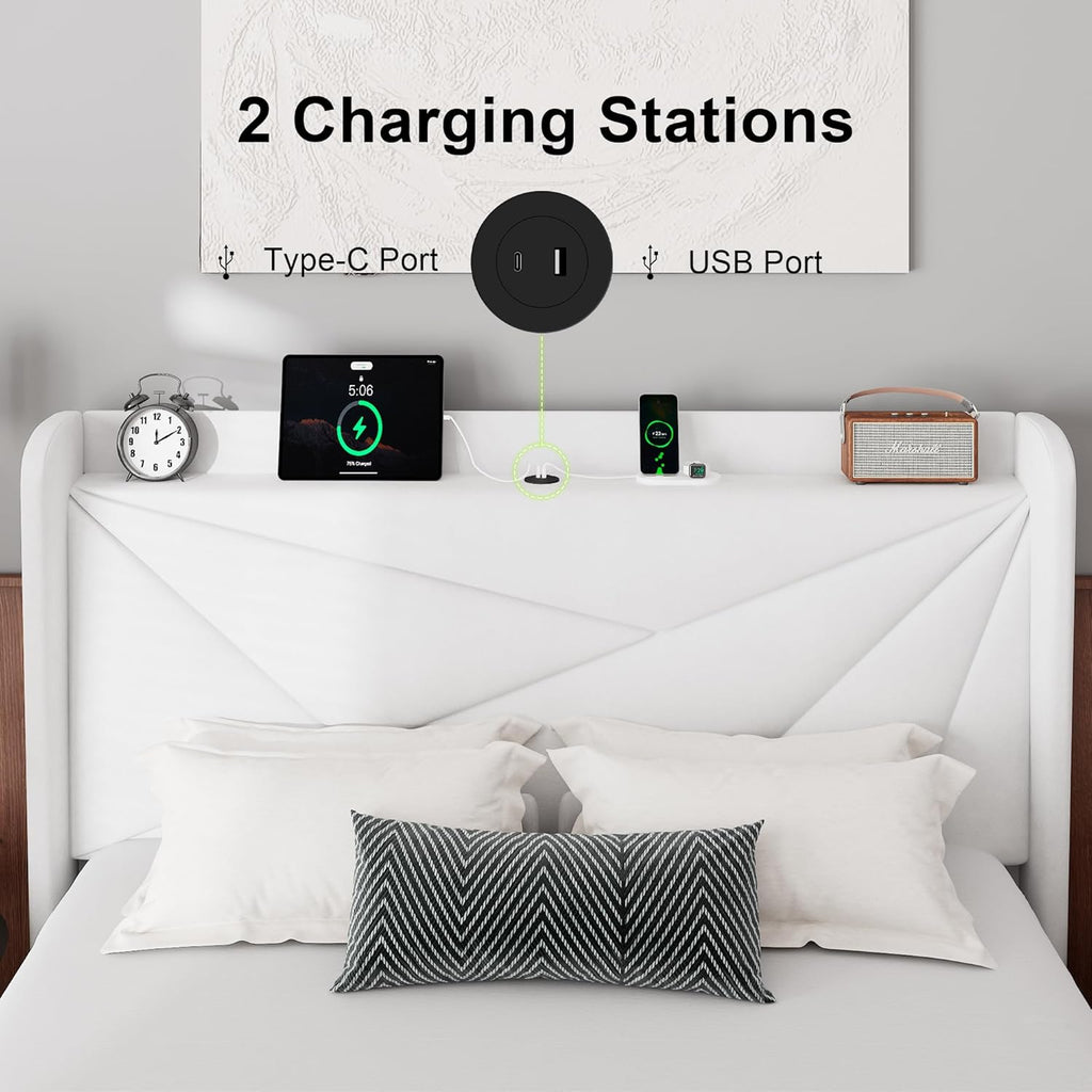 Feonase Full Bed Frame with Charging Station, Velvet Upholstered Platform Bedframe with Wingback Headboard, Solid Wood Slats Support, Noise Free, No Box Spring Needed, White