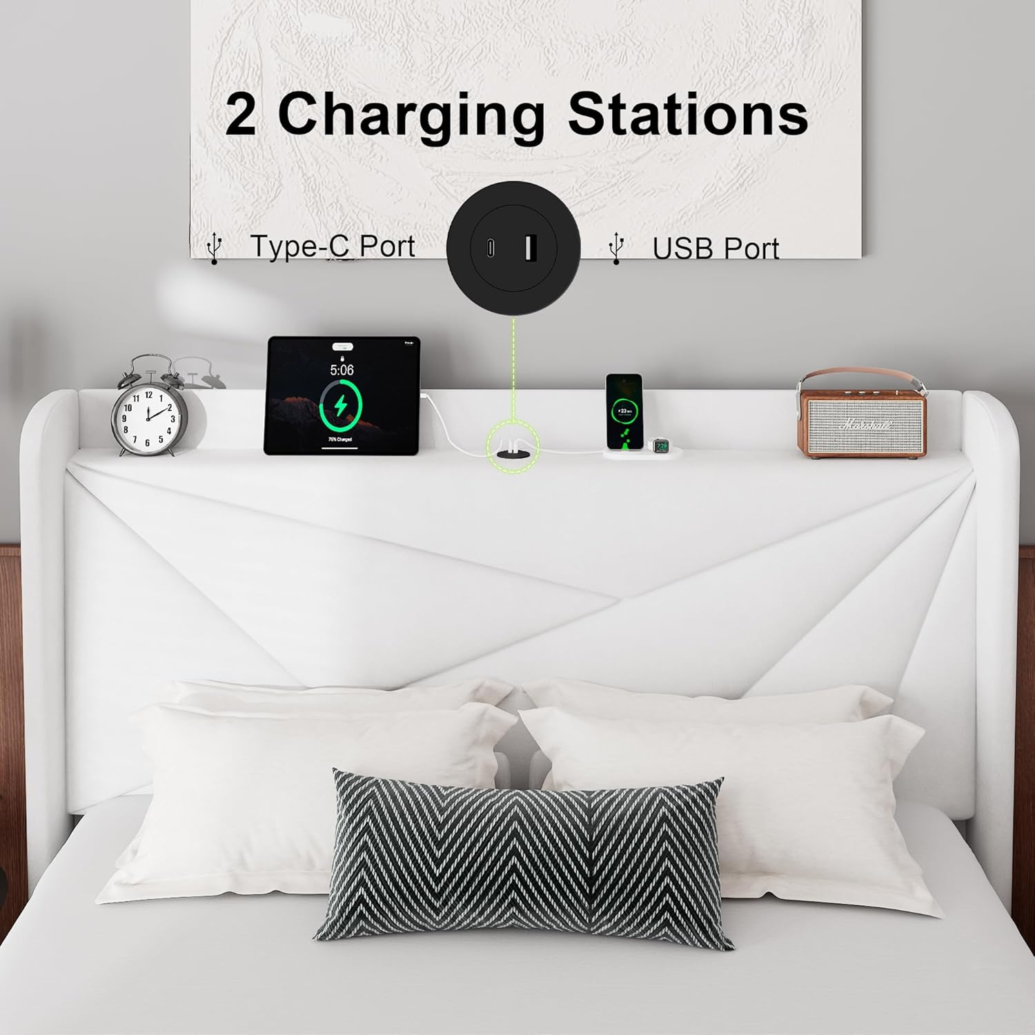 Feonase Full Bed Frame with Charging Station, Velvet Upholstered Platform Bedframe with Wingback Headboard, Solid Wood Slats Support, Noise Free, No Box Spring Needed, White