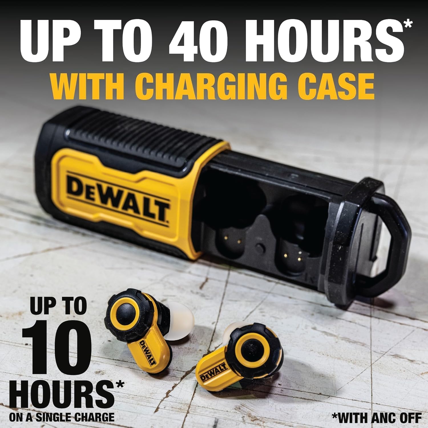 DEWALT Jobsite Pro X2 True Wireless Work Earbuds — ANC Active Noise Cancelling, Glove-Friendly Dial Control, 40+ Hour Runtime, IP54 Water Resistant, 4 EQ Modes, Bluetooth