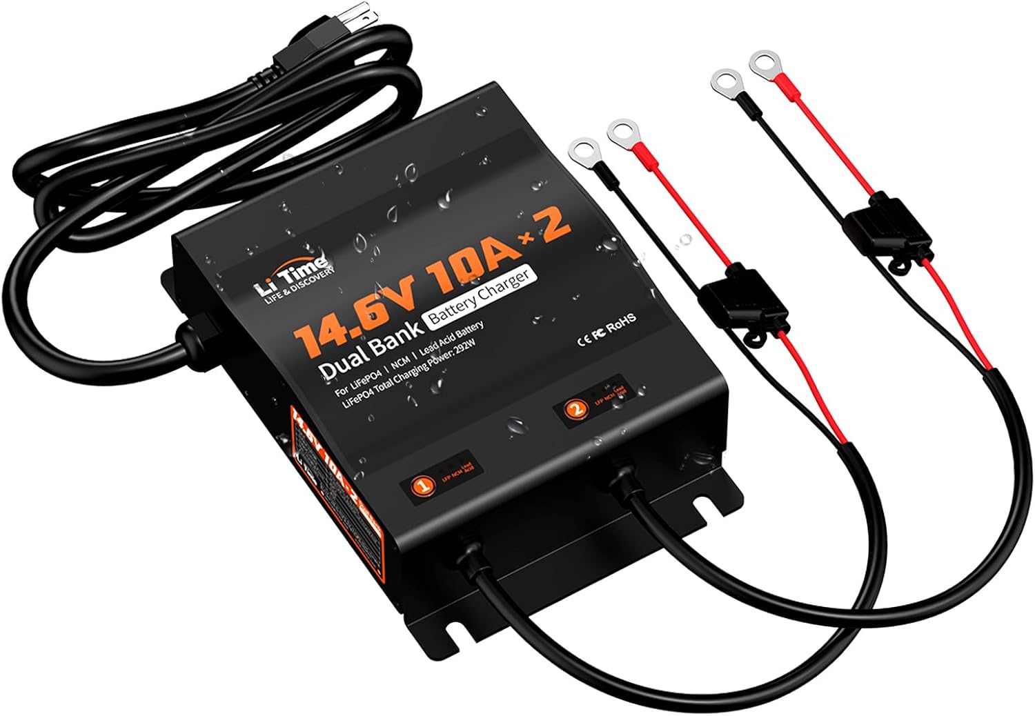 LiTime 2-Bank 10A (10A/Bank) Dual Smart Battery Charger, 14.6V LiFePO4 Battery Charger AC-DC Charger with Fuse, LED Indicator for RV, Boat, Motorcycle, Lawn Mower, Trolling motor and Lead Acid Battery