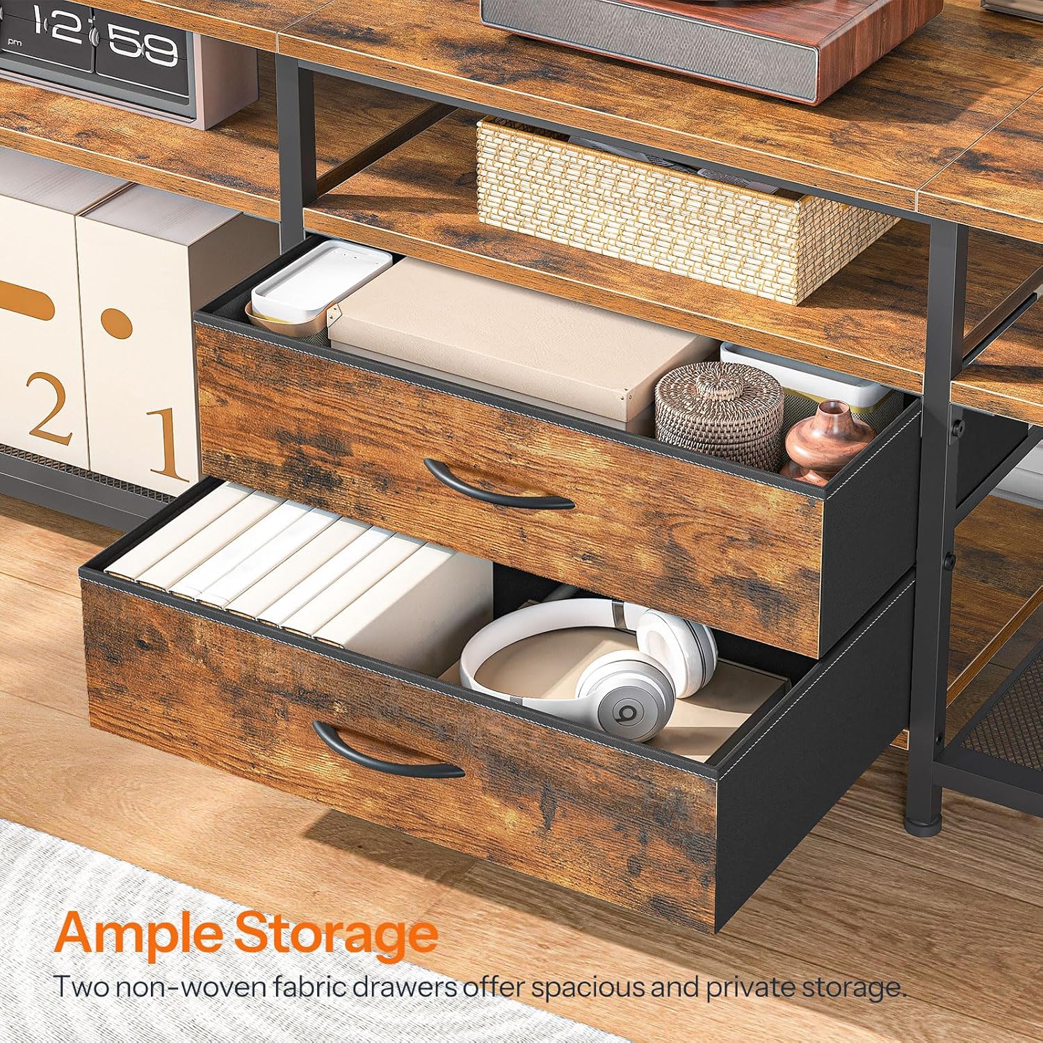 HOOBRO TV Stand with Power Outlet and LED Light, Entertainment Center for TVs Up to 75 Inch, Modern Media Console Table with 2 Non-Woven Drawers, for Living Room, Bedroom, Rustic Brown BF55UDDS01